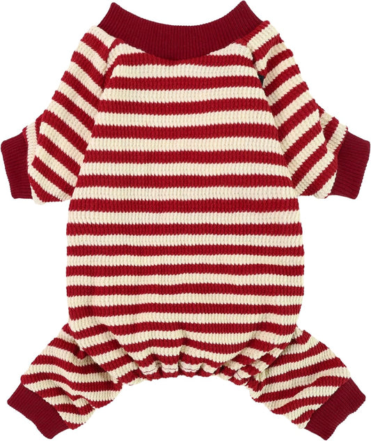 Fitwarm Red and White Striped Dog Pajamas, Waffle Dog Clothes for Small Dogs Girl Boy, Puppy Onesie with Feet, Pet Christmas Outfit, Medium