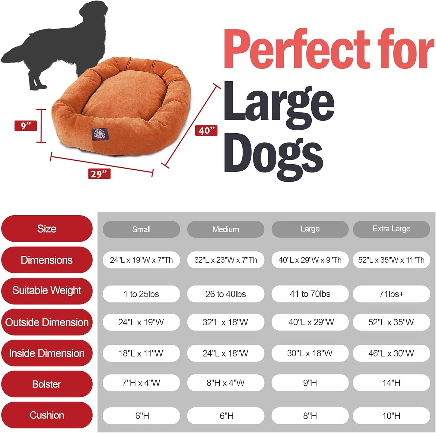 Majestic Pet 40 Inch Micro Velvet Calming Dog Bed Washable 40x29x9 (inch) – Cozy Soft Round Donut Dog Bed with Spine for Head Support - Pet Bed Large – Orange (2025)