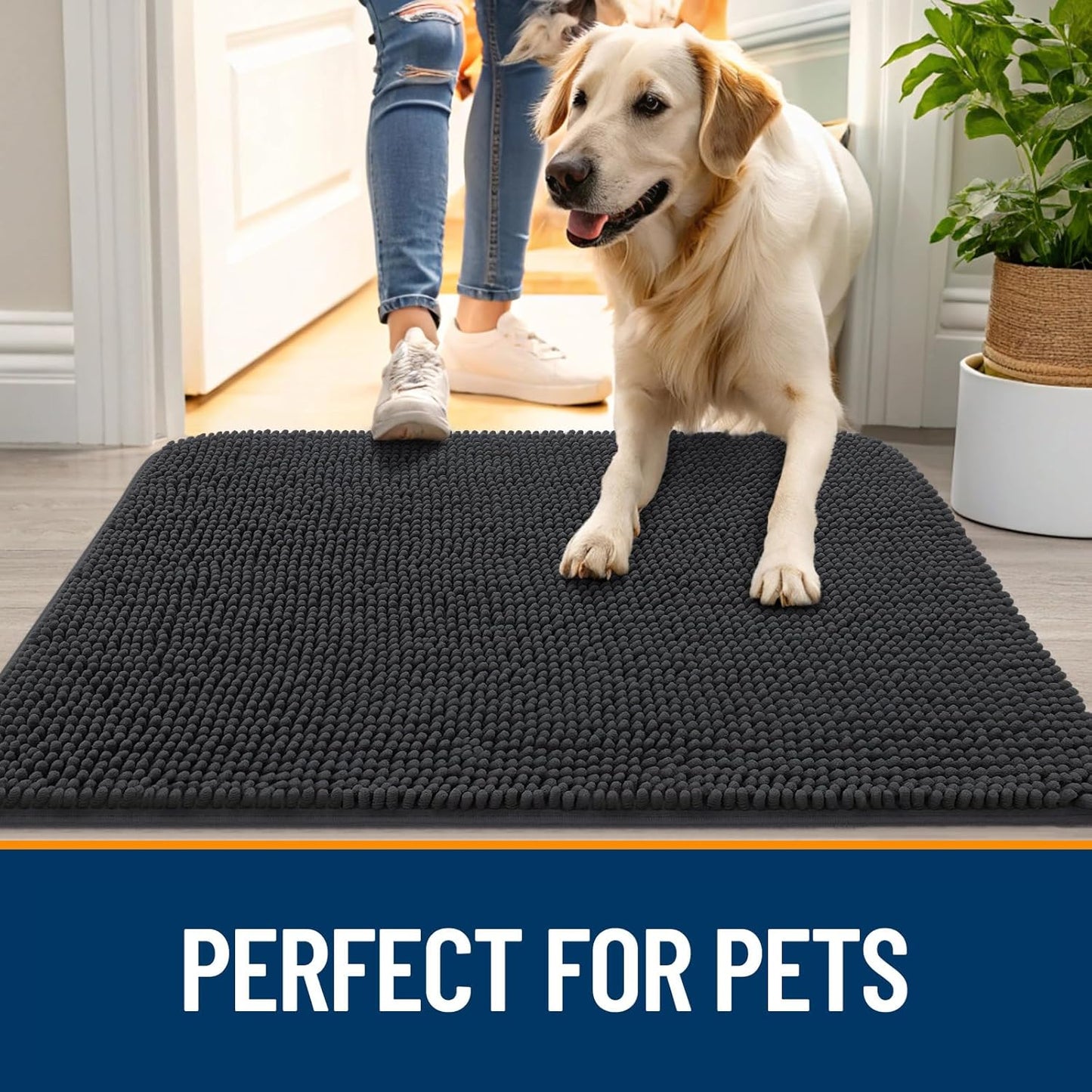 OLANLY Dog Door Mat for Muddy Paws 44x32, Absorbs Moisture and Dirt, Absorbent Non-Slip Washable Doormat, Quick Dry Chenille Mud Mat for Dogs, Entry Indoor Entryway Carpet for Inside Floor, Dark Grey