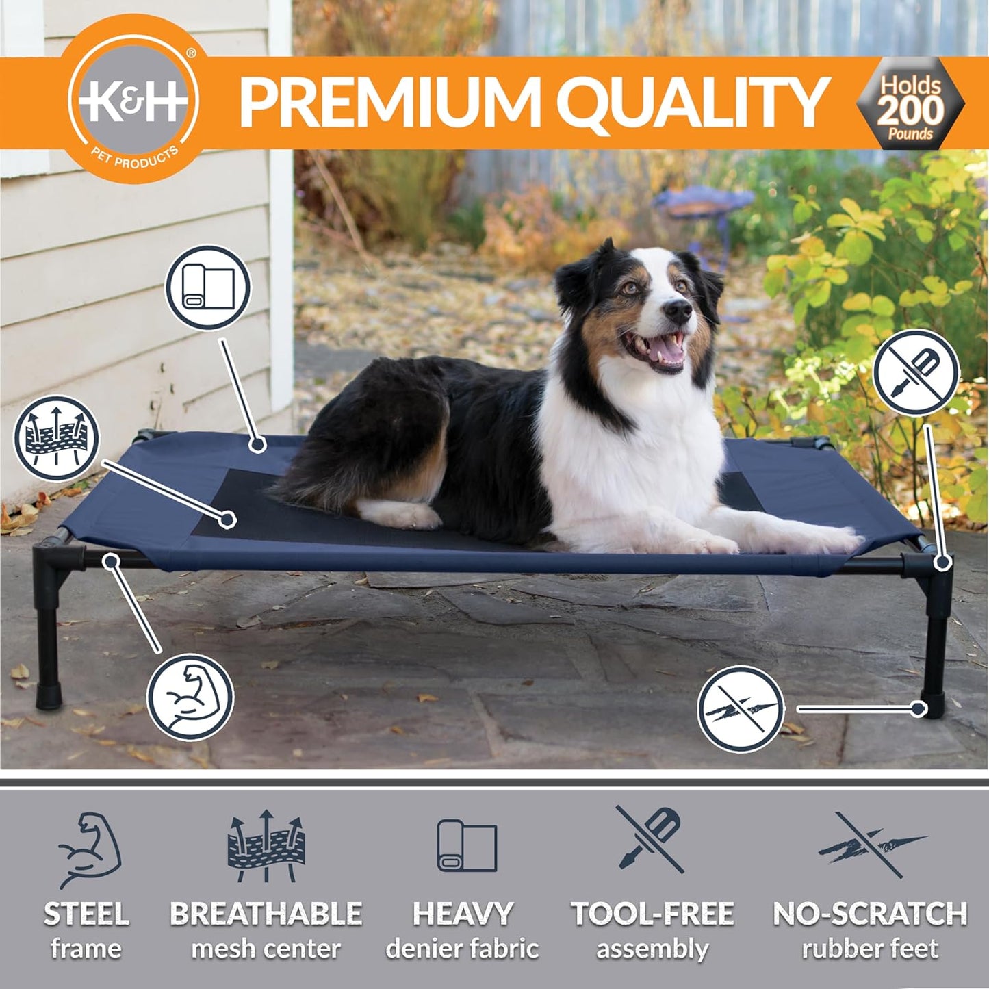 K&H Pet Products Outdoor Elevated Dog Cot, Breathable Cooling Elevated Cot Hammock Pet Bed for Large Dogs, Washable Mesh Cover, Raised Metal Frame, Collapsible, Portable - Large 42 X 30in Blue