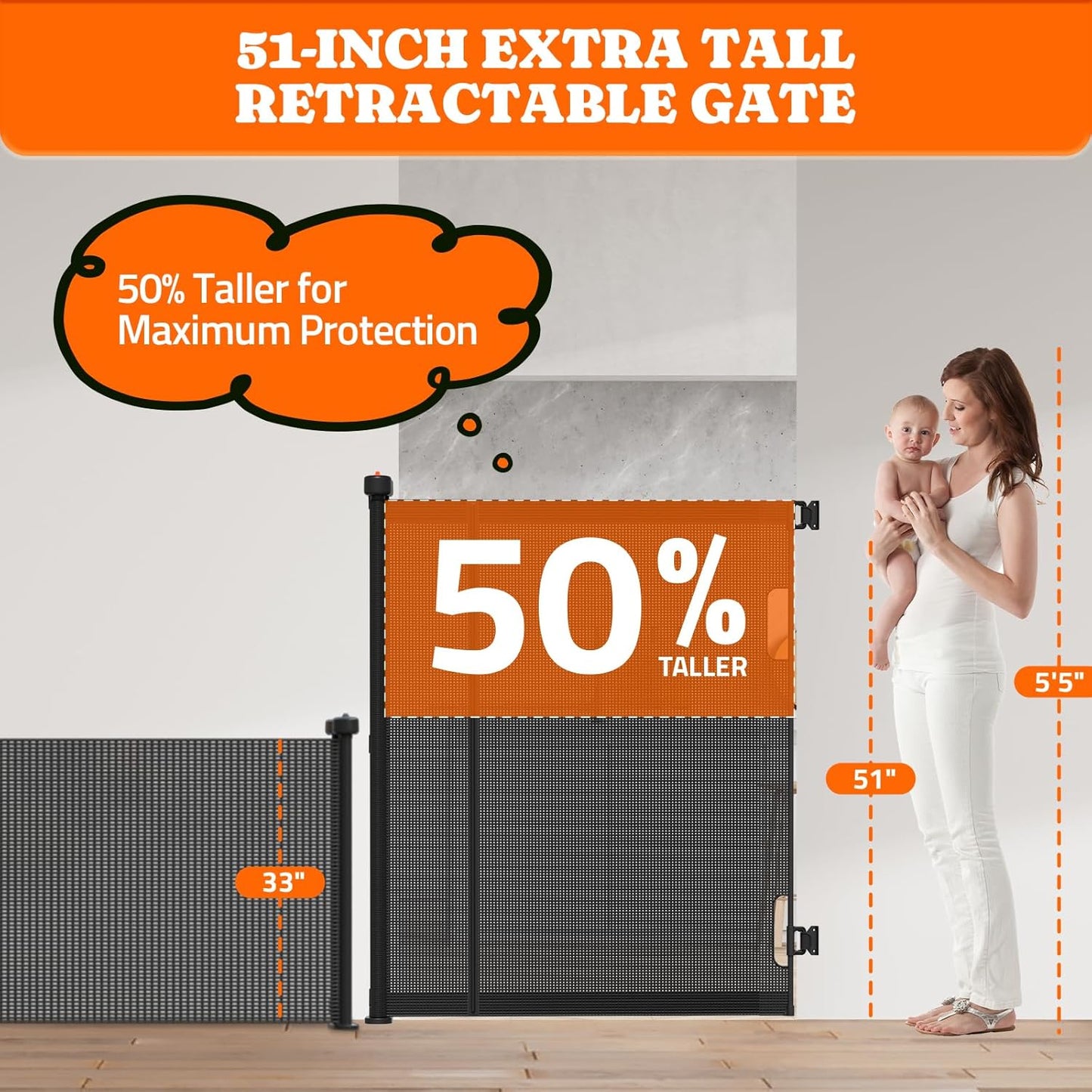 Extra Tall Retractable Baby Gates: 51" Tall Pet Gate, Extend up to 200" Wide, Mesh Baby Gate with Support Rods Jump-Proof Design for Cats & Large Dogs High Dog Cat Door Indoor Outdoor, Black