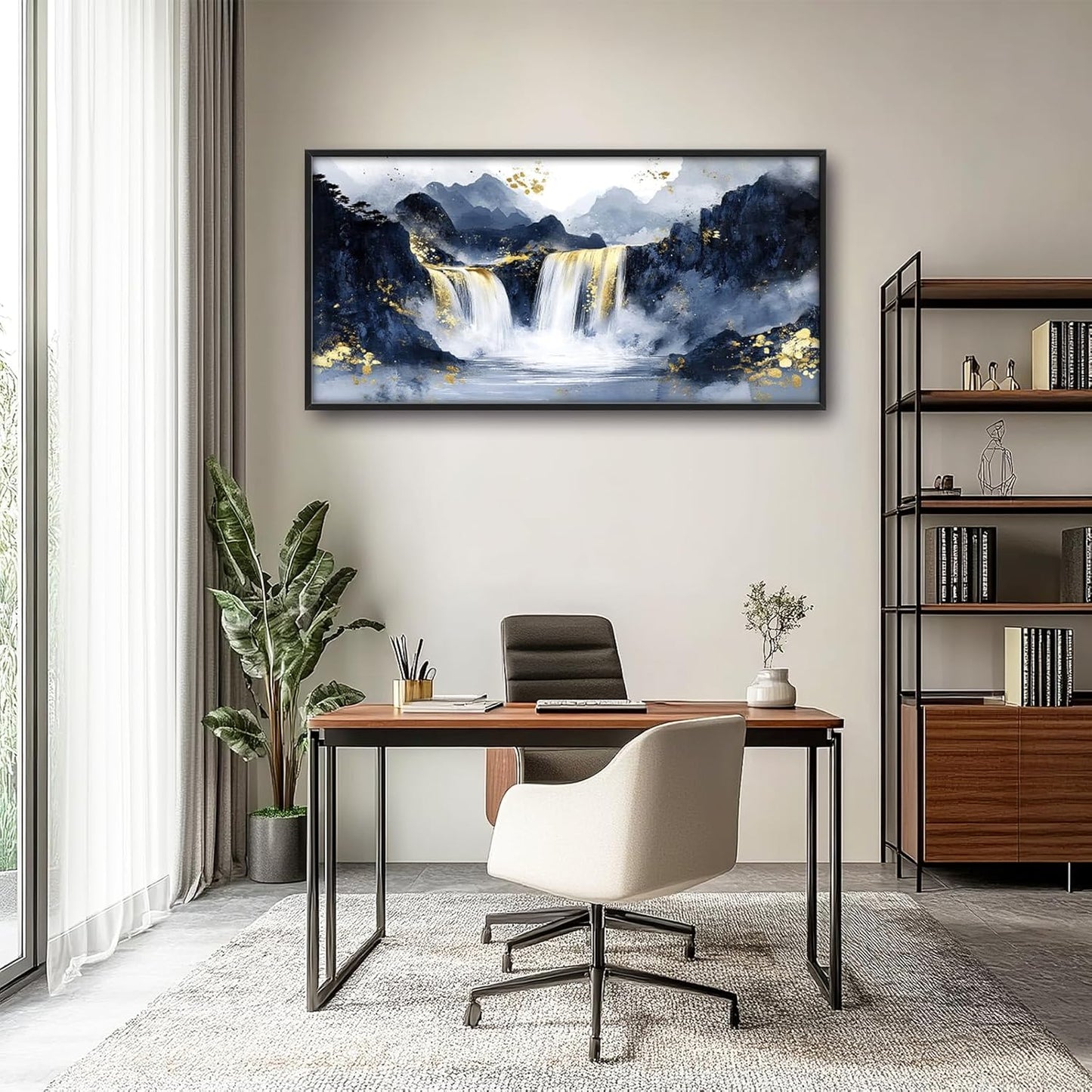 Extra Large Abstract Golden Waterfall Framed Wall Art for Living Room,Oversized Foggy Mountain Pictures Wall Decor,Canvas Print Painting Modern Artwork Bedroom Office Bathroom 60L" x 30W"