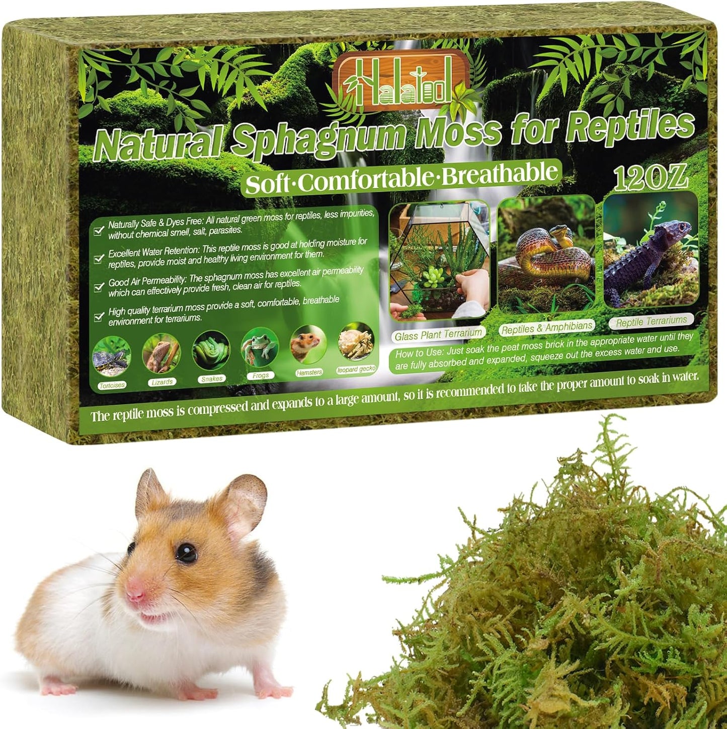 Halatool 12OZ Natural Sphagnum Moss for Reptiles- 18QT Green Live Moss for Terrarium Plants Long Fiber Reptile Moss for Leopard Gecko Snake Hamsters Tortoises Frogs Lizards Salamanders