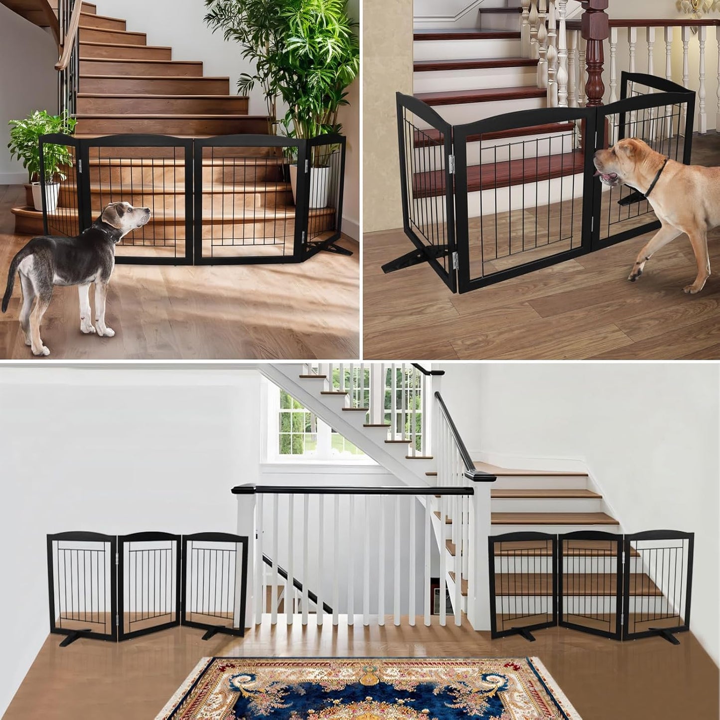 ZJSF Freestanding Dog Fence Indoor, Foldable Dog Gate for Doorways, Stairs or Hallways, Sturdy Wood Extra Wide Pet Gate with Support Feet for The House, Black, 24 "Height-3 Panels