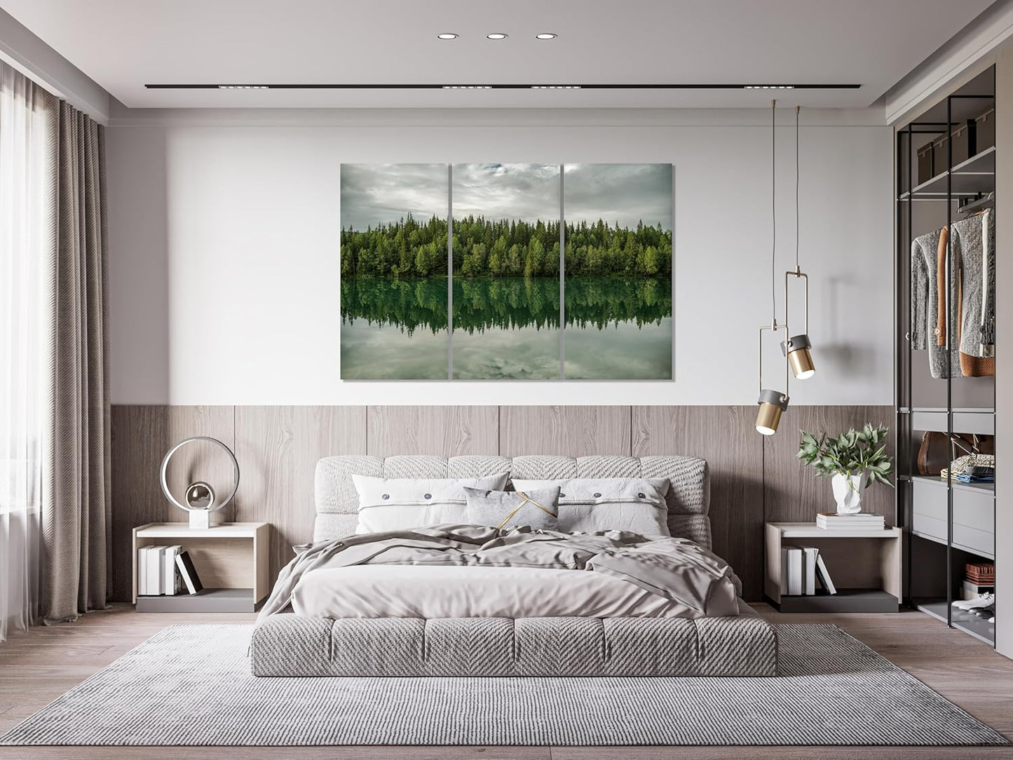 Nature Wall Art Prints - Ocean Forest Mountain Lake Canvas Landscapes - Small to Extra Large Living Room Bedroom Kitchen Bathroom Décor (Forest Reflection, 31L" x 47W" - 3 Panels)