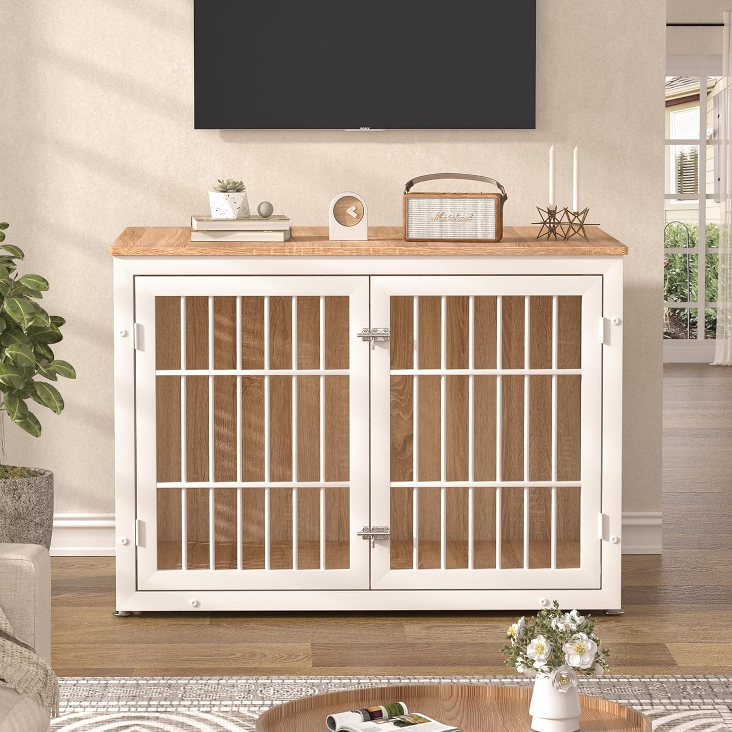 42" Heavy Duty Dog Crate Furniture for Large Dogs, Metal Kennel for High Anxiety Dogs, White Wooden Cage Furniture Indoor, Decorative Dog Kennel End Table, XL