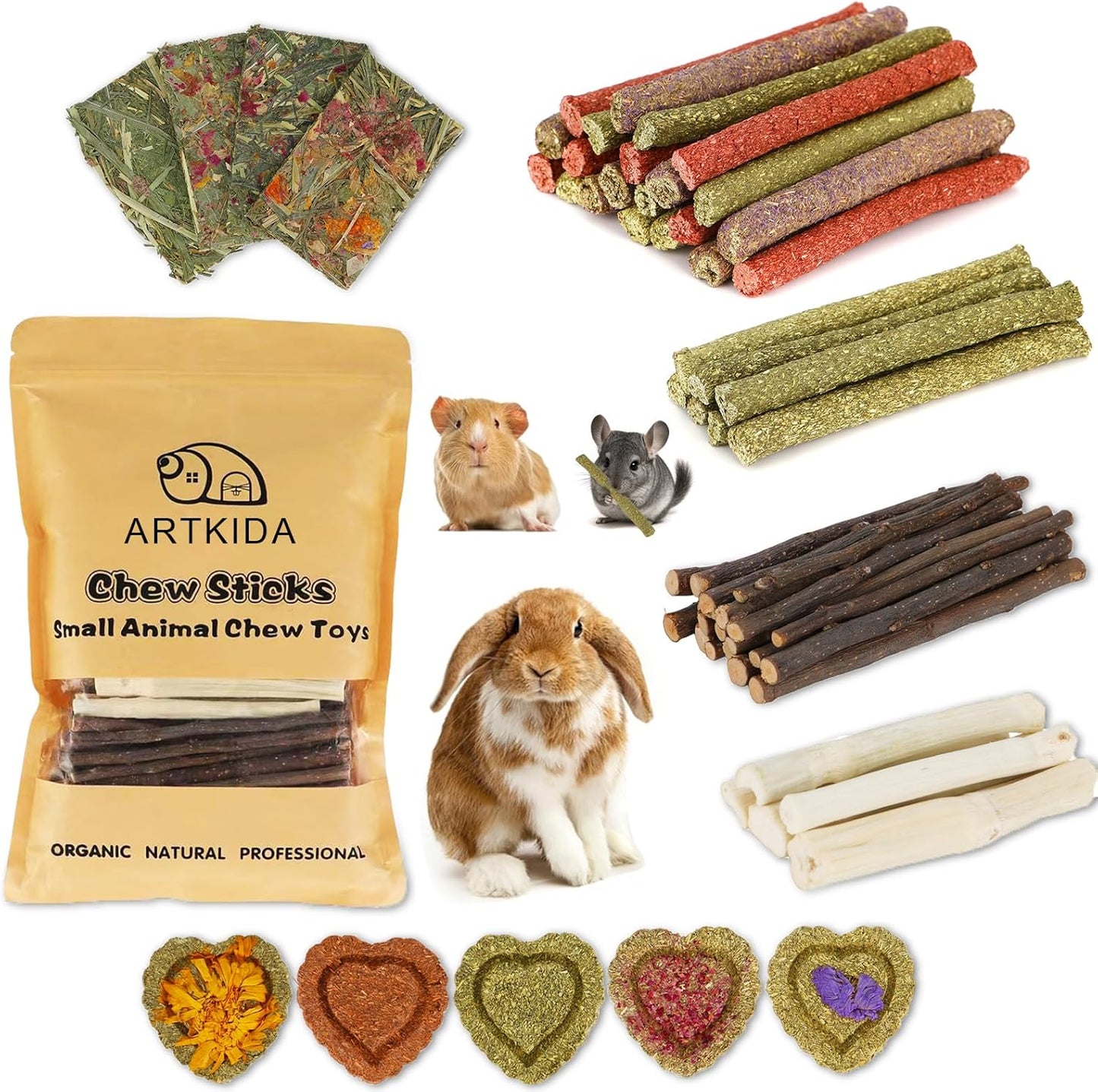 65PCS Rabbit Bunny Guinea Pig Chew Toys Treats, Chinchilla Hamster Chews Toys for Teeth, Timothy Hay Chips Treats Sticks for Rabbit Guinea Pig Chinchilla Hamster Rat