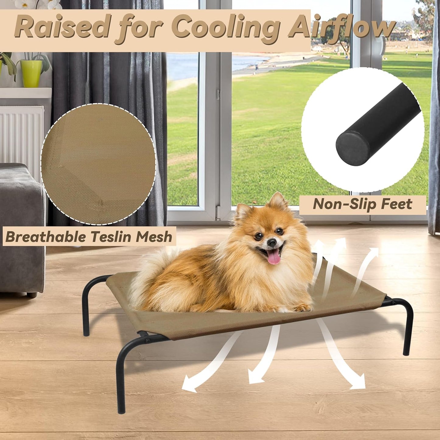 PHYEX Raised Pet Cot for Small Pets, Elevated Dog Bed with Breathable Mesh, Sturdy Steel Frame for Indoor & Outdoor Use, Non-Slip Design, Easy Clean, 33-Inch Brown
