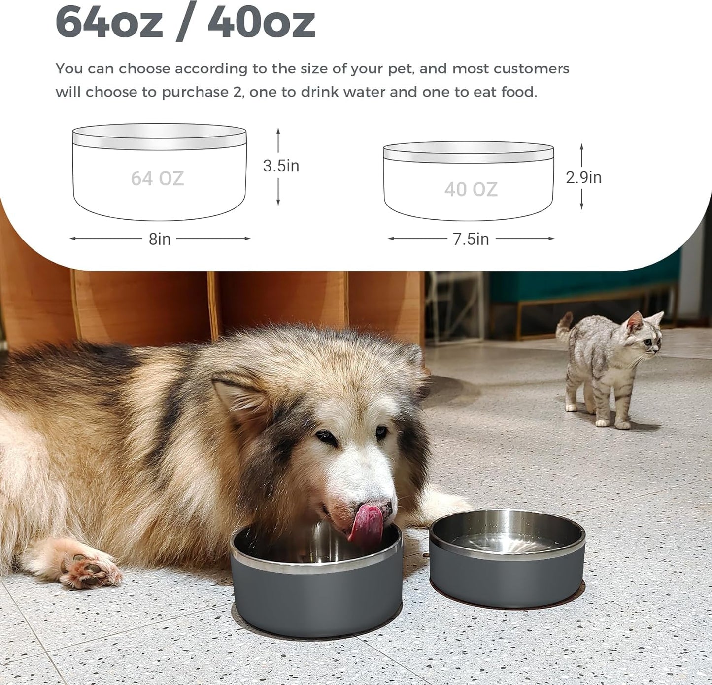 Dog Bowl, Stainless Steel Dog Food and Water Bowl with Non Slip Quiet Bottom, Easy to Clean, Dishwasher Safe, 64oz, Deep Grey