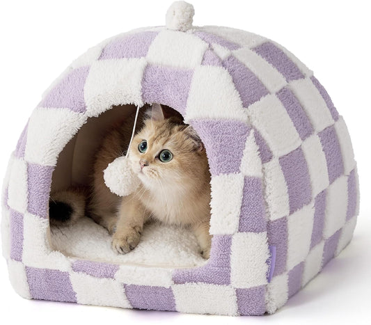 Lesure Cute Cat Beds for Indoor Cats - 2 in 1 Cat Cave Bed for Kittens and Small Pets with Removable Washable Cushioned Pillow, Cozy Kitten with Non-Slip Bottom, Purple, 16 inches