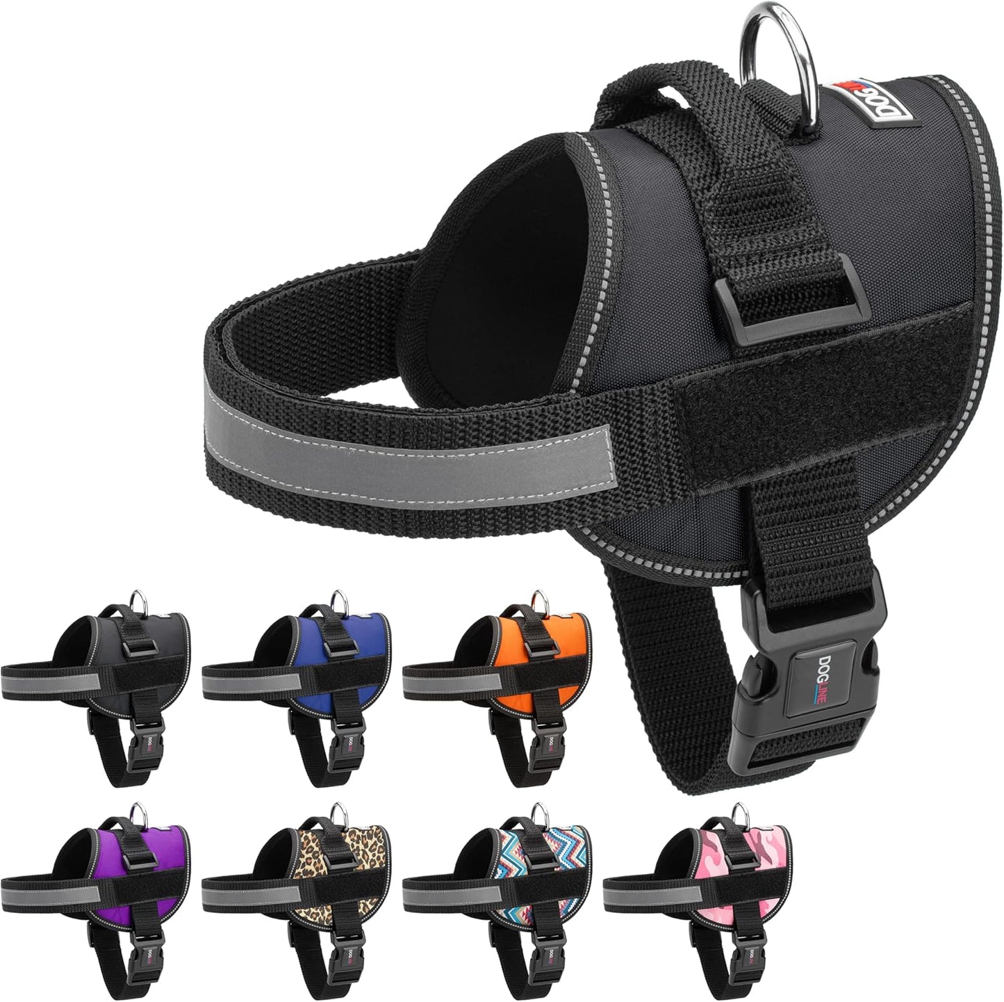 Dogline Dog Harness, Reflective No-Pull Adjustable Vest with Handle for Walking, Training, Breathable, No - Choke Harness for Small, Medium or Large Dogs Room for Patches Girth 22"-28" in Black