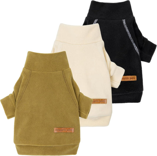 Fitwarm 3 Pack Classic Fleece Dog Sweater, Winter Clothes for Small Dogs Boy Girl, Turtleneck Dog Sweatshirt, Pet Pullover Jumper, Cat Apparel, Black, Olive Green, Cream, XL