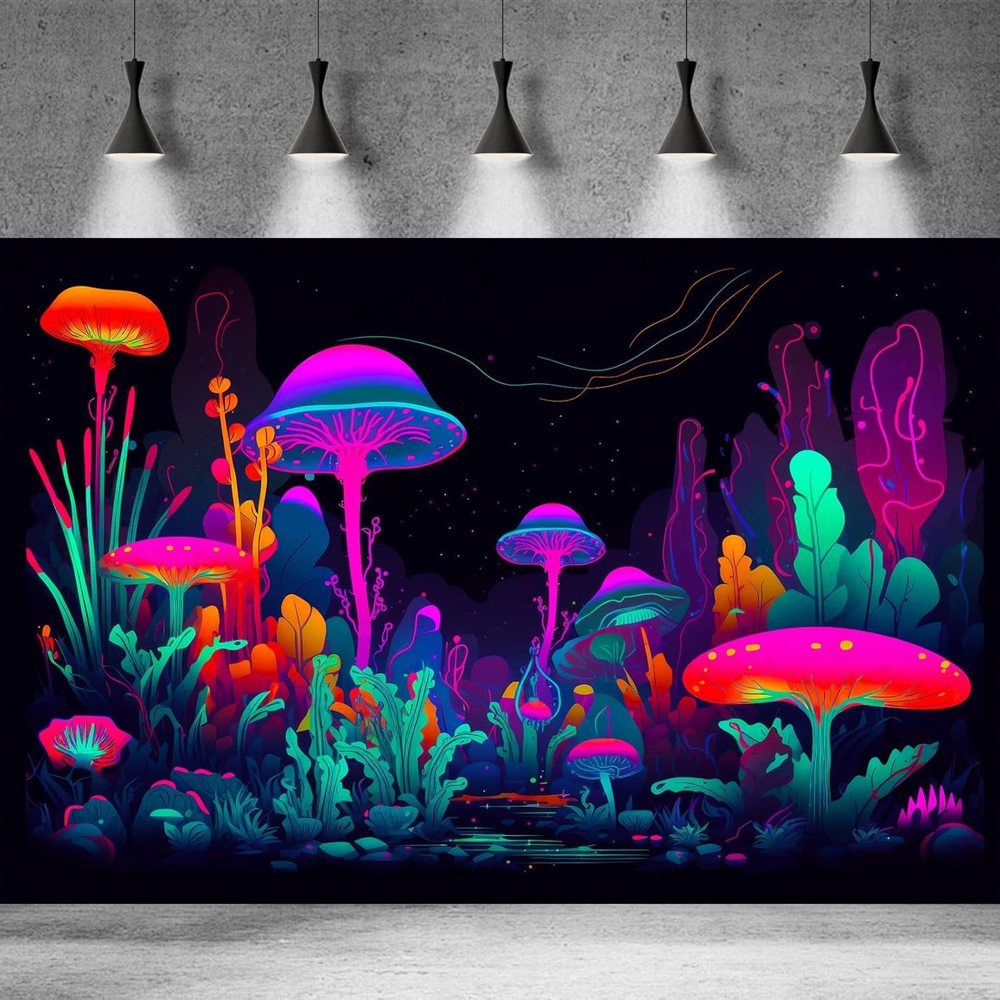 Mushrooms Aquarium Background Mushrooms in Dark Forest with Bright Colors Terrarium Background Tranquil Lake Cartoon Style Aquatic Plants Fish Tank Backdrop Poster Decorations Wallpaper Decor 24x12in