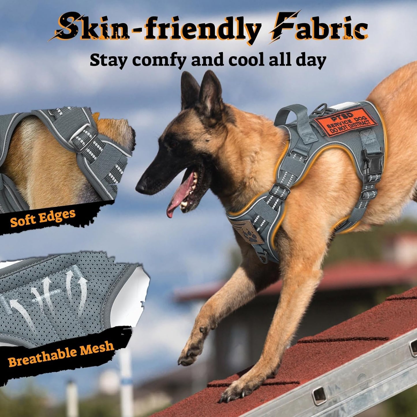 rabbitgoo Dog Harness Medium Sized No Pull, Tactical Service Pet Vest with Molle and Control Handle, Adjustable and Reflective Military Harness for Easy Walking and Training, Grey, M