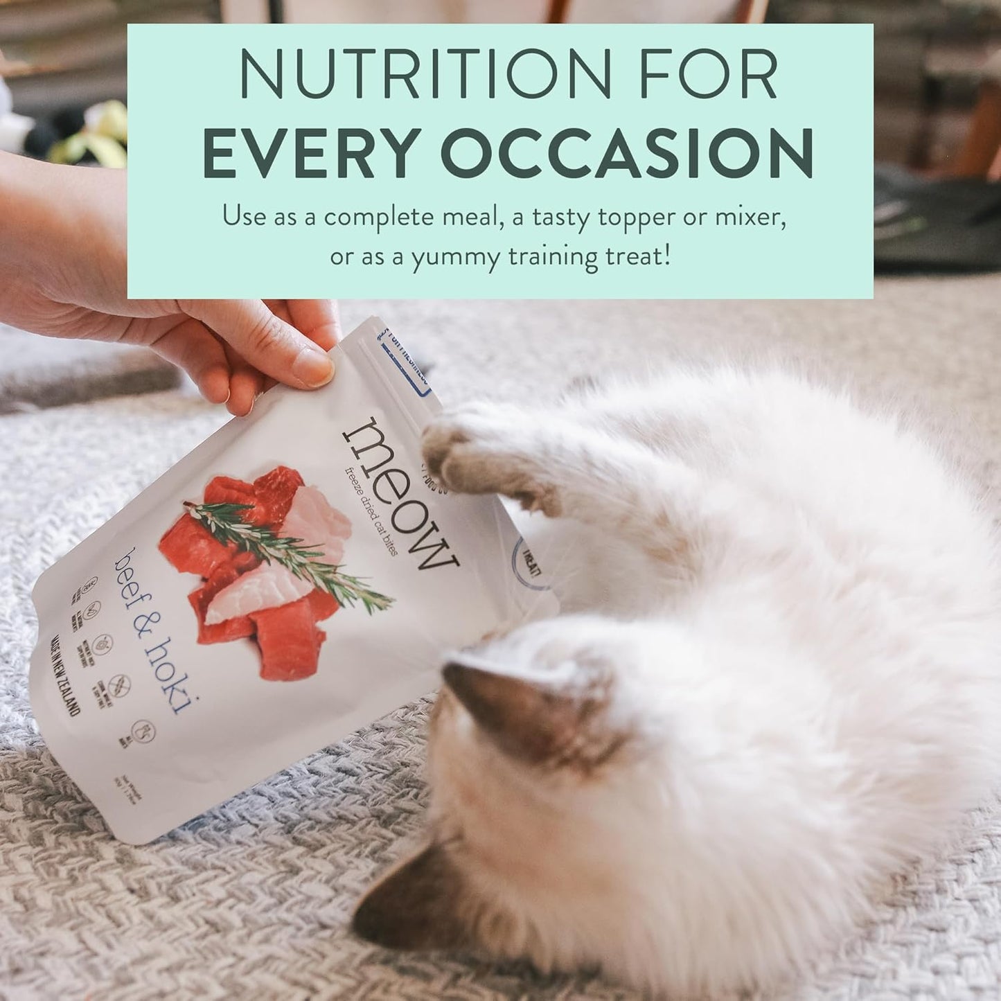 Meow Freeze Dried Cat Food - Beef & Hoki Recipe, High Protein Cat Treats, Meals & Toppers, Dry Cat Food,1.76 oz