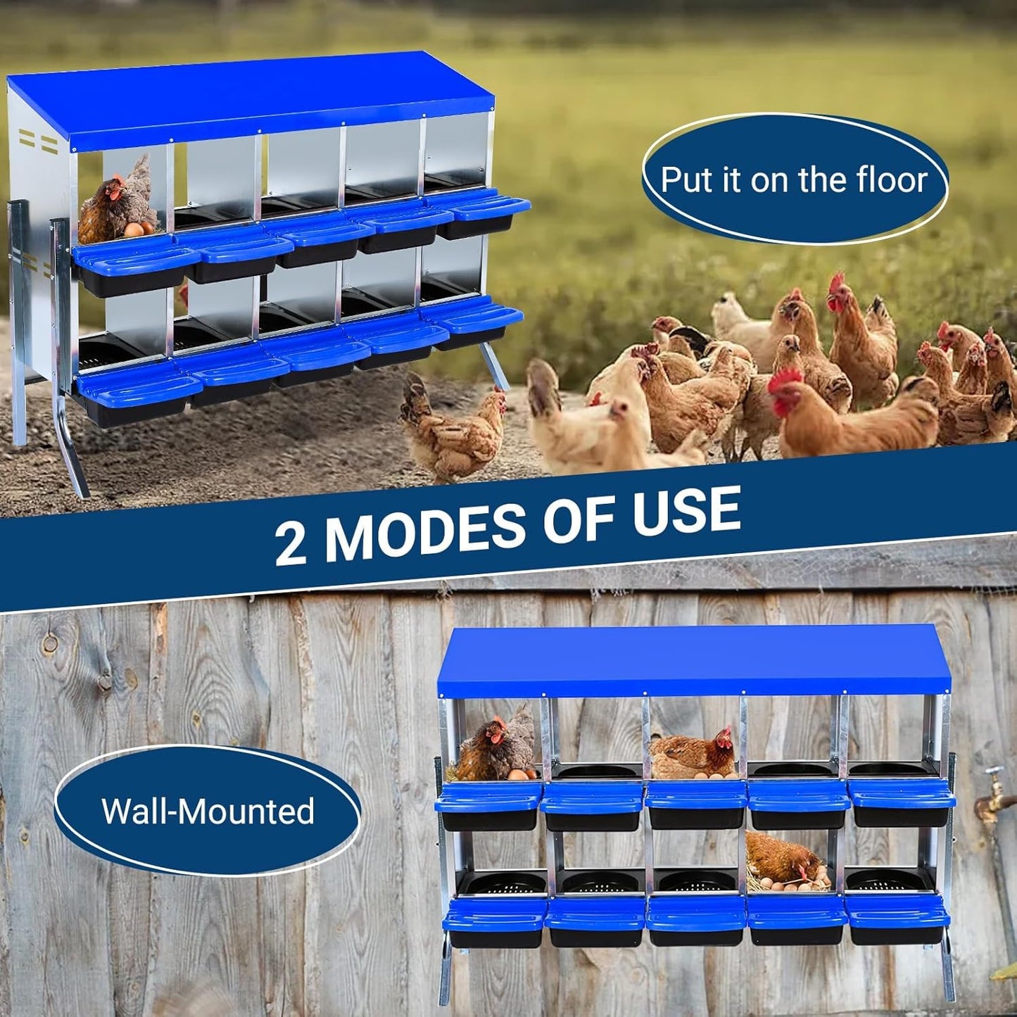 Chicken Nesting Box, 10 Hole 2 Layer Hen Nest Boxes with Legs, Roll Away Eggs Laying Boxes,Cleanable Pull Out Hen Roosting Boxes