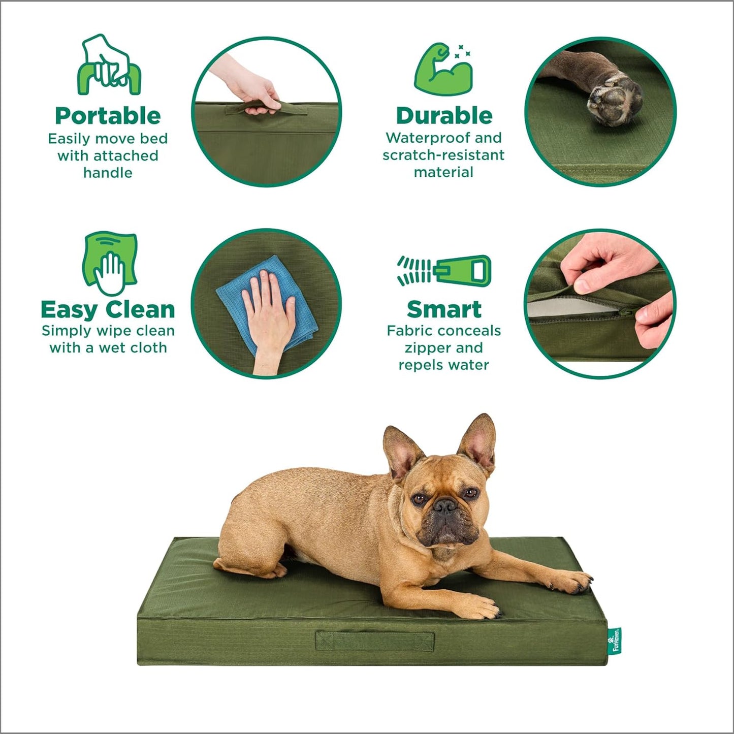 FurHaven Cooling Dog Bed – Medium Foam Mattress for Joint Pain Relief, Waterproof Liner, Removable Washable Cover, Durable for Outdoor Use, Deluxe Grid Indoor/Outdoor Bed – Green, Medium