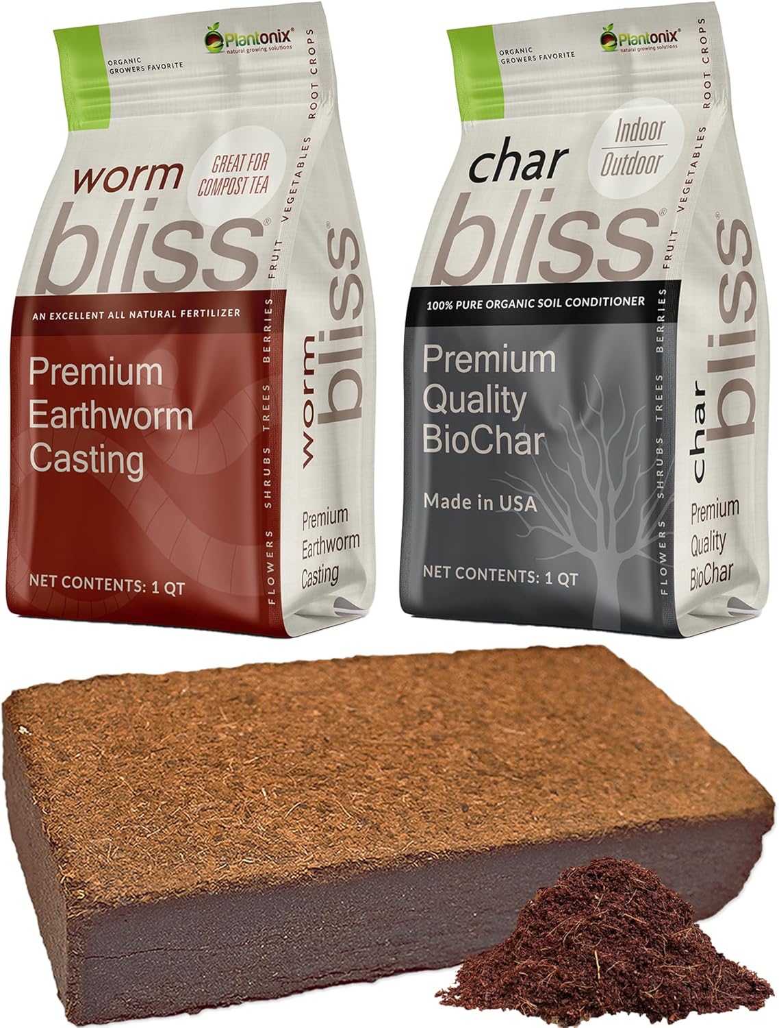 Coco Coir Brick (650gms) + Worm Bliss (1 Qt) + Char Bliss (1 Qt) - Organic Coco Coir for Plants - Worm Castings & Biochar for Plants - Soil Amendment & Organic Fertilizer Bundle - Potting Soil Mix