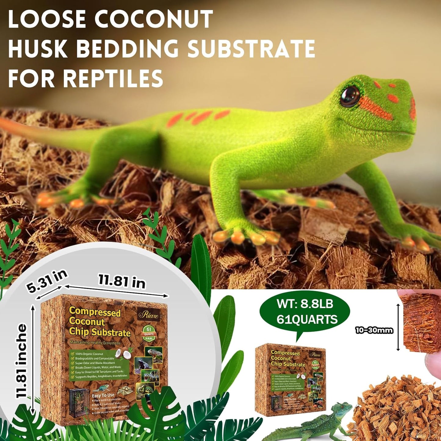 Riare 8.8LB Coconut Chip Substrate for Reptiles, 60 Quart Coconut Fiber Substrate Coco Chips Substrate Coconut Husk Bedding for Snakes, Tortoises, Ball Python, Bearded Dragon, Geckos, Lizards, Frogs