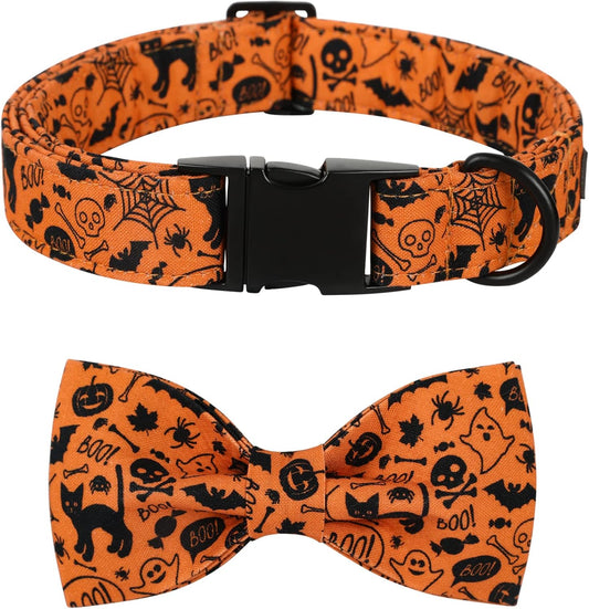 Lionet Paws Halloween Dog Collar with Bowtie - Cute Cotton Adjustable Fall Bowtie Dog Collar with Metal Buckle for Small Medium Large Dog Girl Boy Gift, S, Neck 10-16in
