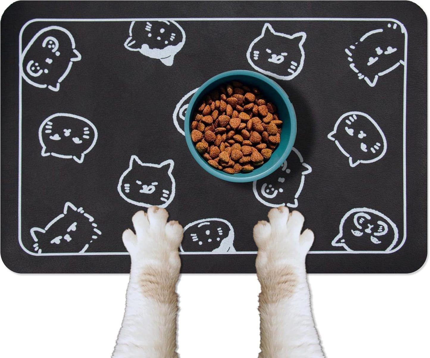 YCT Cat Food and Water Mat for Pets - Non-Slip Super Absorbent Dog Bowl Mat With Multiple Cat Heads Logo - 24 x 16.9 Inches, Black