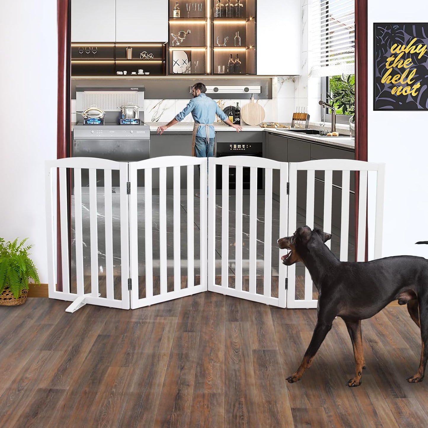 ZJSF Foldable Freestanding Indoor Dog Gate for House Wood White Long Pet Gates Dog Fence for Stairs Puppy Gates for Hallways, Puppy Gate,Support Feet Included 32 "Height-4 Panels