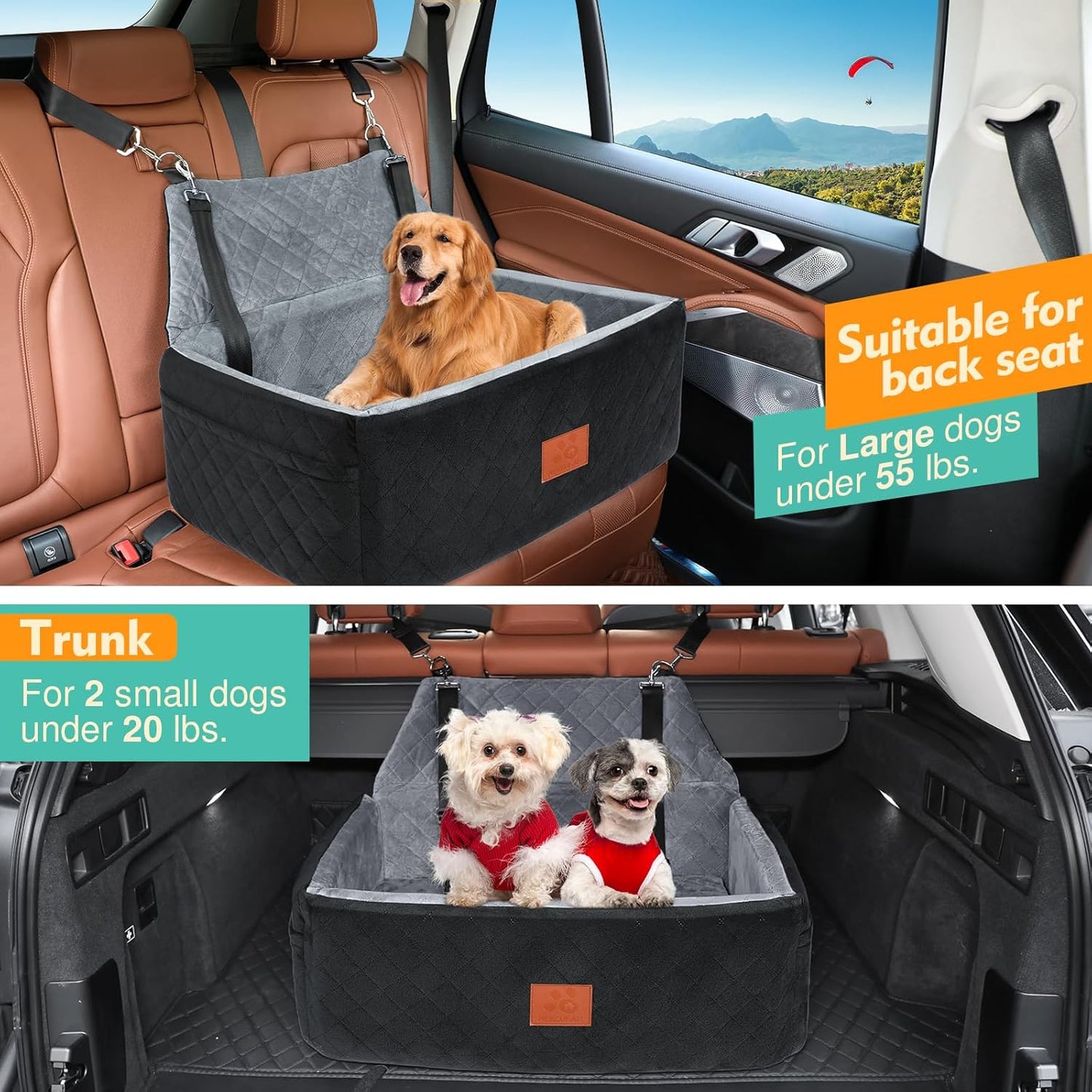 Dog Car Seat for Large Medium Dogs,Washable Pet Carseat Under 55 lbs or 2 Small Dogs,Dog Booster Seat Travel Bed with Thick Cushion,2 Safety Leashes