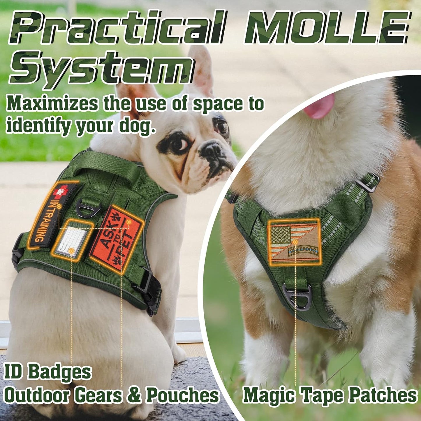 rabbitgoo Tactical Dog Harness for Large Dogs, No Pull Military Service Vest with Handle & Molle, Easy Control for Training Walking, Adjustable Reflective Straps, Green, XL