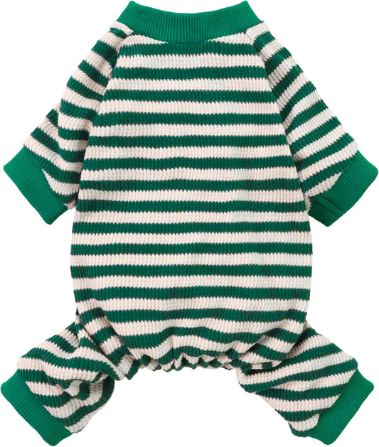 Fitwarm Green and White Striped Dog Pajamas, Waffle Dog Clothes for Small Dogs Girl Boy, Puppy Onesie with Feet, Pet Cat Outfit, XXL