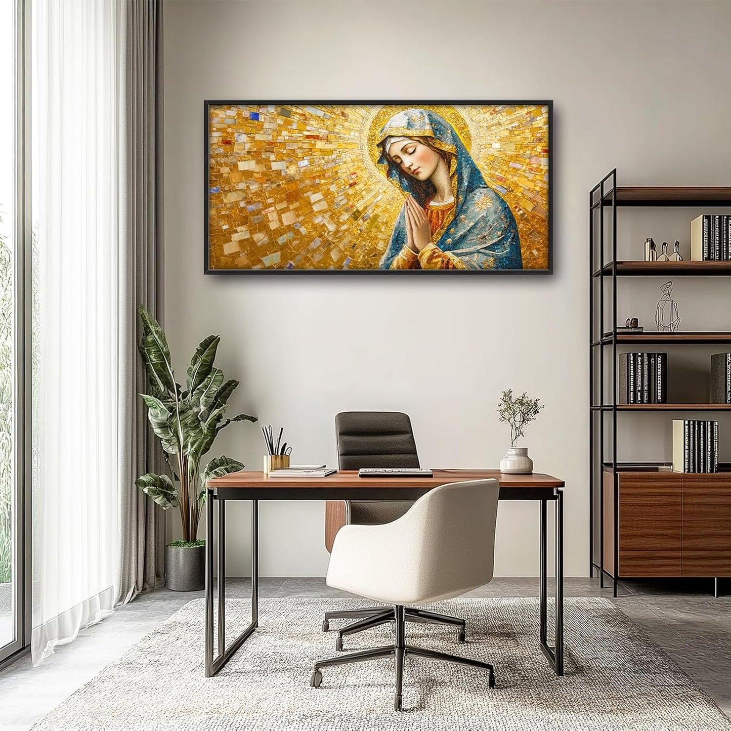 Extra Large Virgin Mary Framed Wall Art for Living Room,Oversized Golden Christian Religious Pictures Wall Decor,Canvas Print Painting Modern Artwork Bedroom Office Bathroom 60L" x 30W"