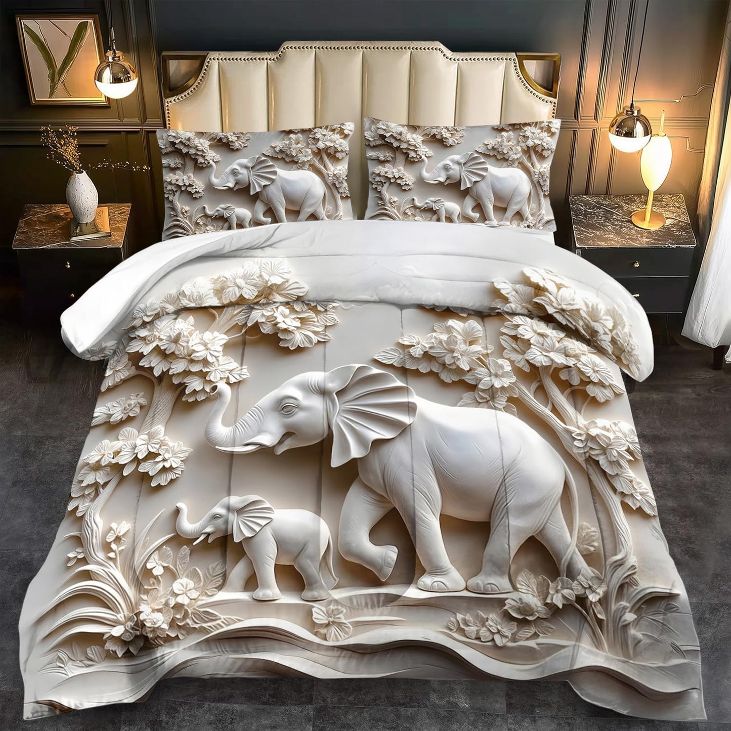 Elephant Comforter Set Full Adult, White Animal Bedding Set Full for Man, Cute Animal Comforter for Kids,Elephant Quilt Pattern White Bedroom Decor Womens, Relief Bedding