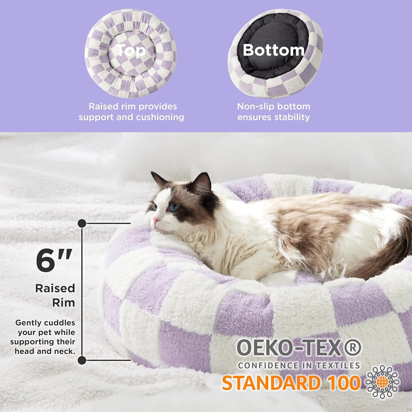 LE SURE Cat Beds for Indoor Cats - Round Cat Bed Donut Small Dog Bed Calming Pet Beds, Cute Modern Beds with Jacquard Shaggy Plush & Anti Slip Bottom, 20 Inch, Purple