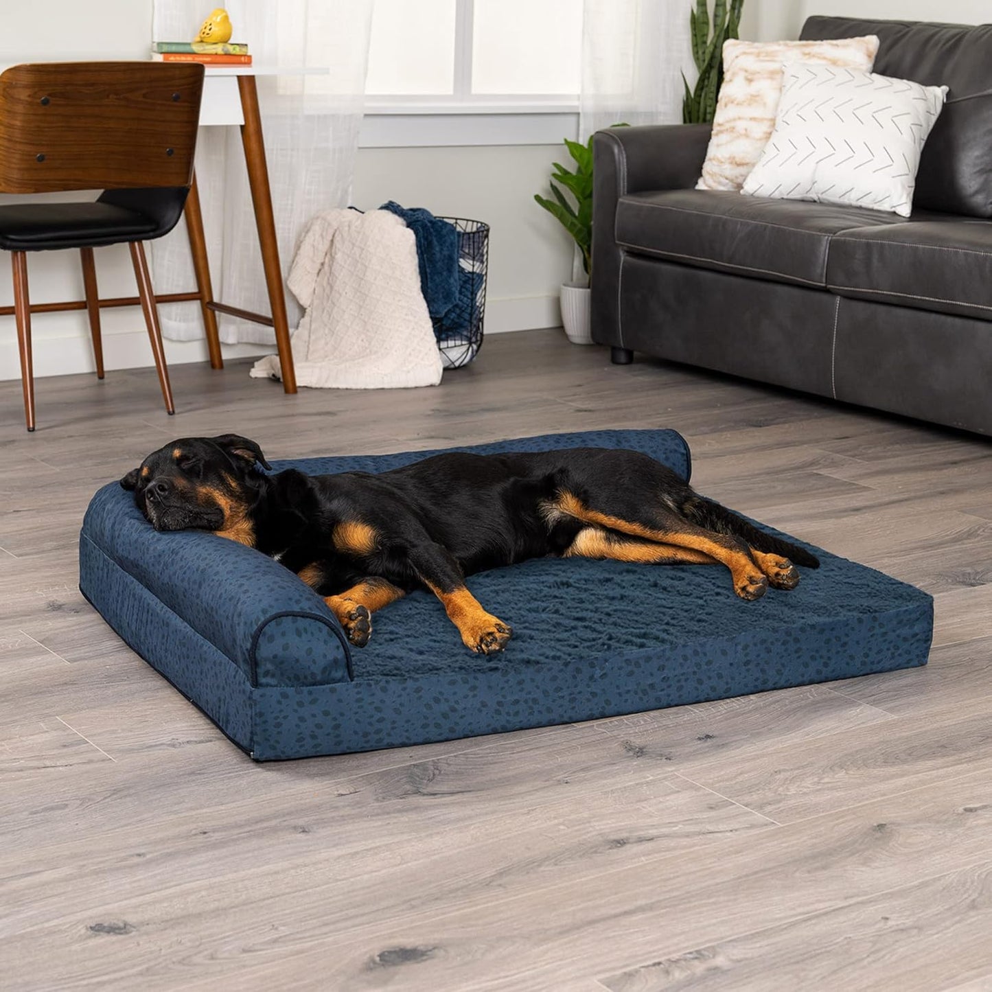 Furhaven Cooling Gel Dog Bed for Large Dogs w/ Removable Bolsters & Washable Cover, For Dogs Up to 95 lbs - Plush & Almond Print L Shaped Chaise - Blue Almonds, Jumbo/XL