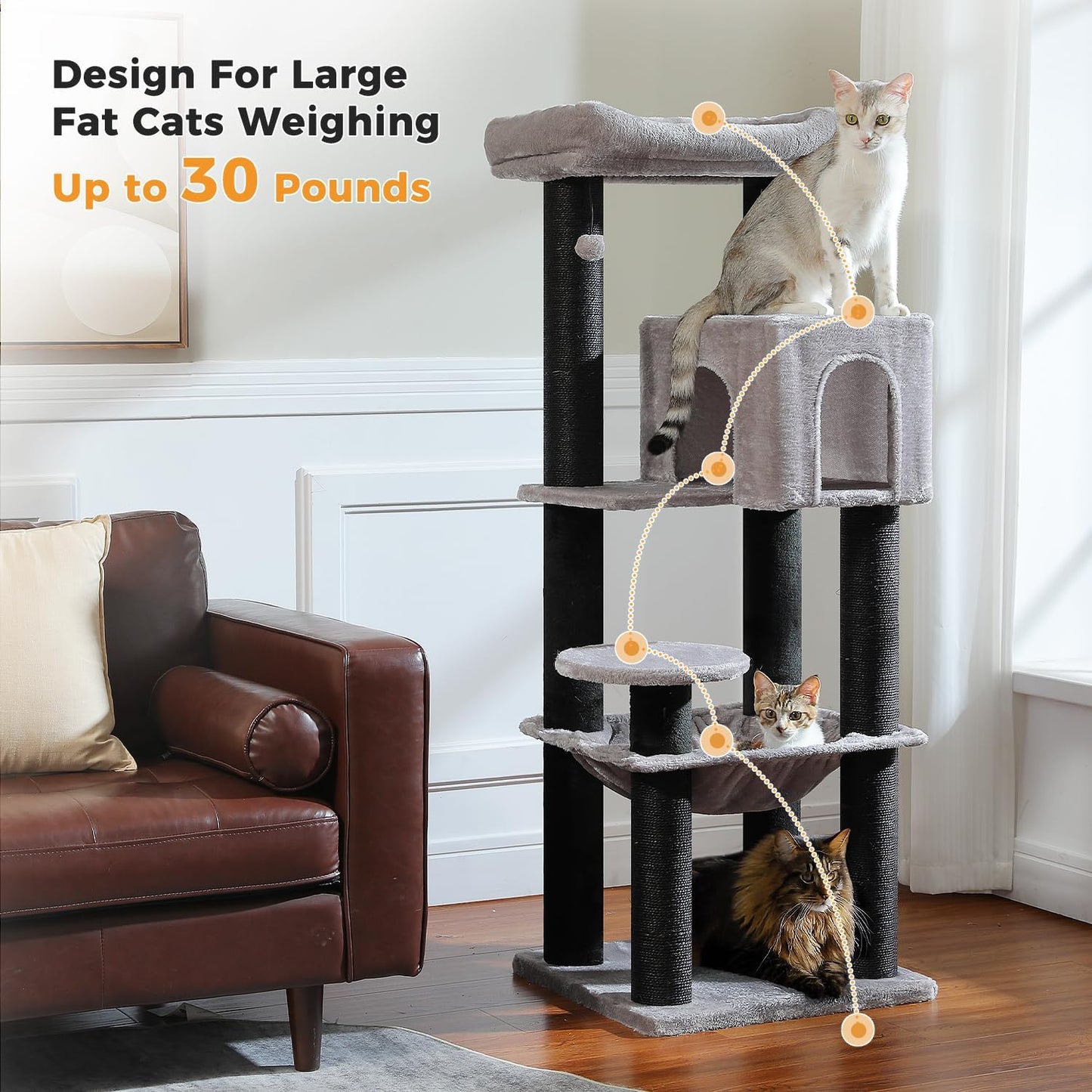 Large Cat Tree with Reinforced Scratching Posts (φ3.1in) for Big Adult Cats 30 lbs, 57.8" Heavy Duty Cat Tower with Larger Hammock and Condo, Cat Furniture for Maine Coon, Plush,Black