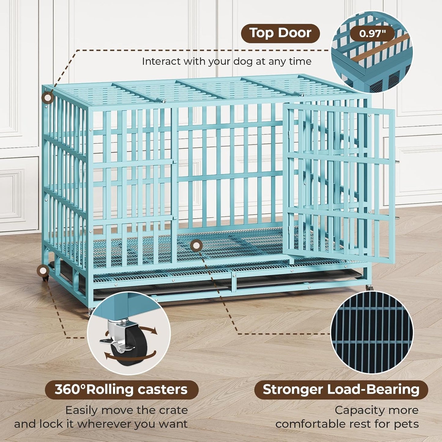 48IN Heavy Duty Dog Crate Steel Escape Proof, Indoor Double Door High Anxiety Cage Removable Tray, Extra Large,Blue