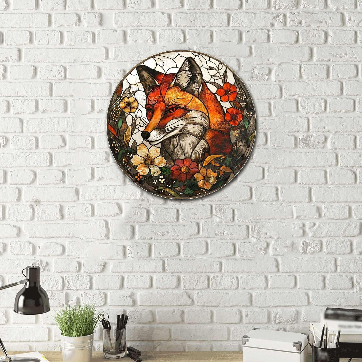 Lygond Metal Sign Tin Sign Circular Stained Glass Fox Garden Sign for Garage 12×12 Inches