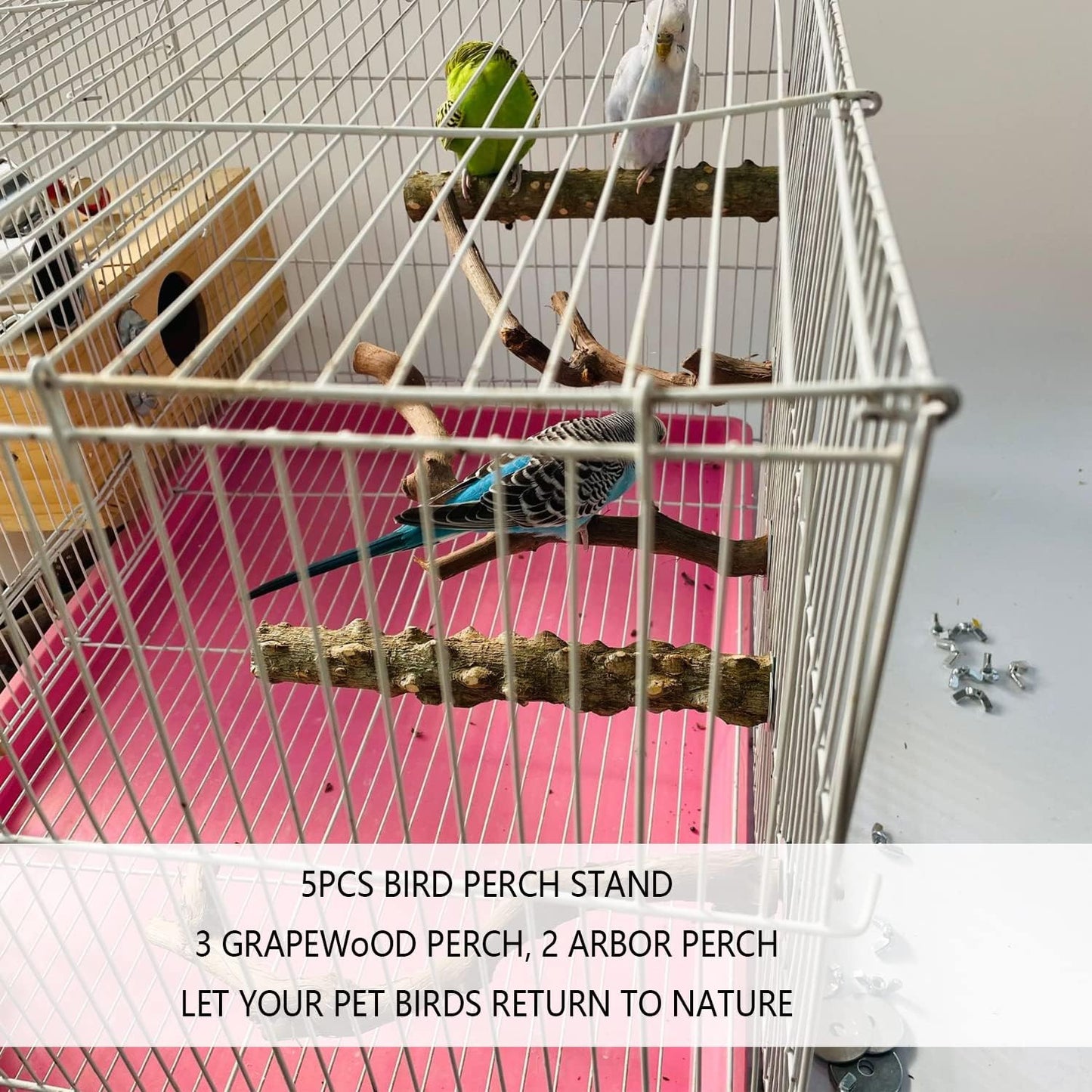 Allazone 5 PCS Natural Wooden Parrot Stand Bird Perch Stand Grape Stick Hanging Multi Branch Perch for Parrots, Bird Cage Accessories