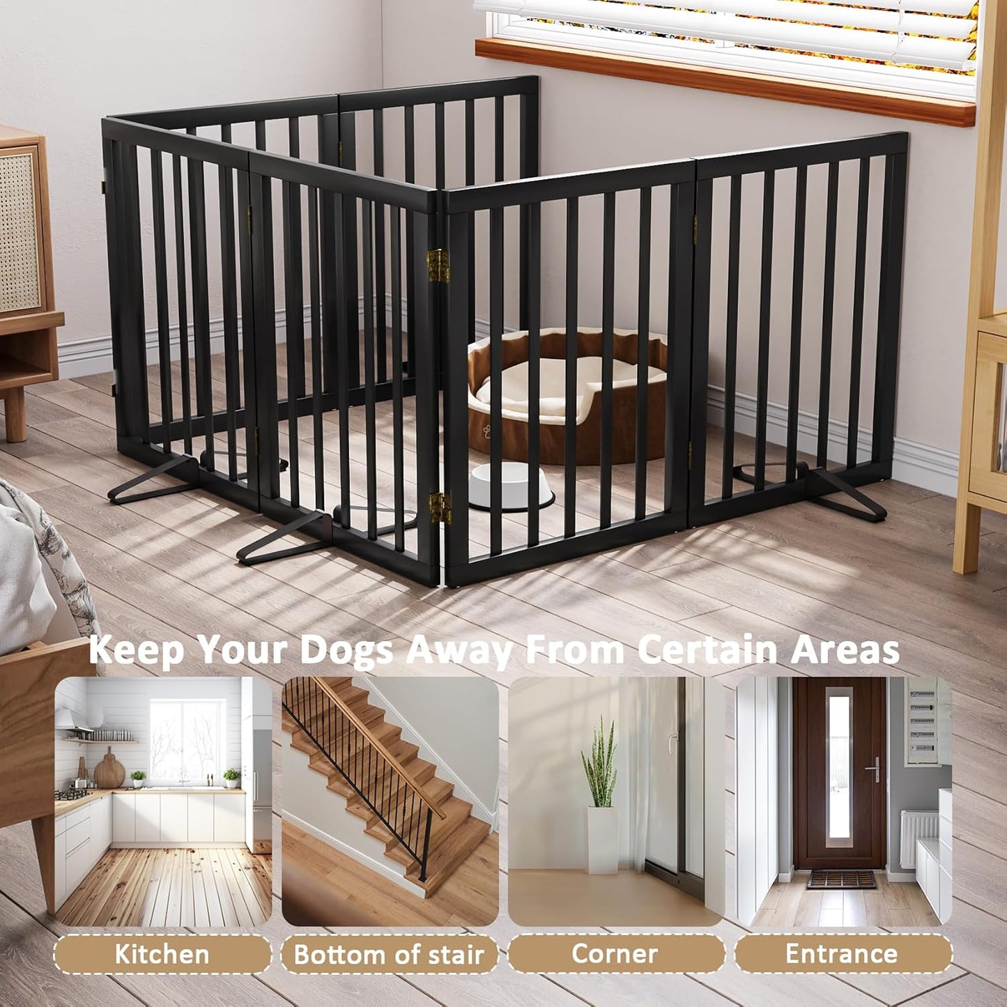 Extra Wide Dog Gate 110 inches Wide, Freestanding Pet Gate for The House Doorway, Pet Puppy Barrier, Support Feet Included, Black,6 Panels