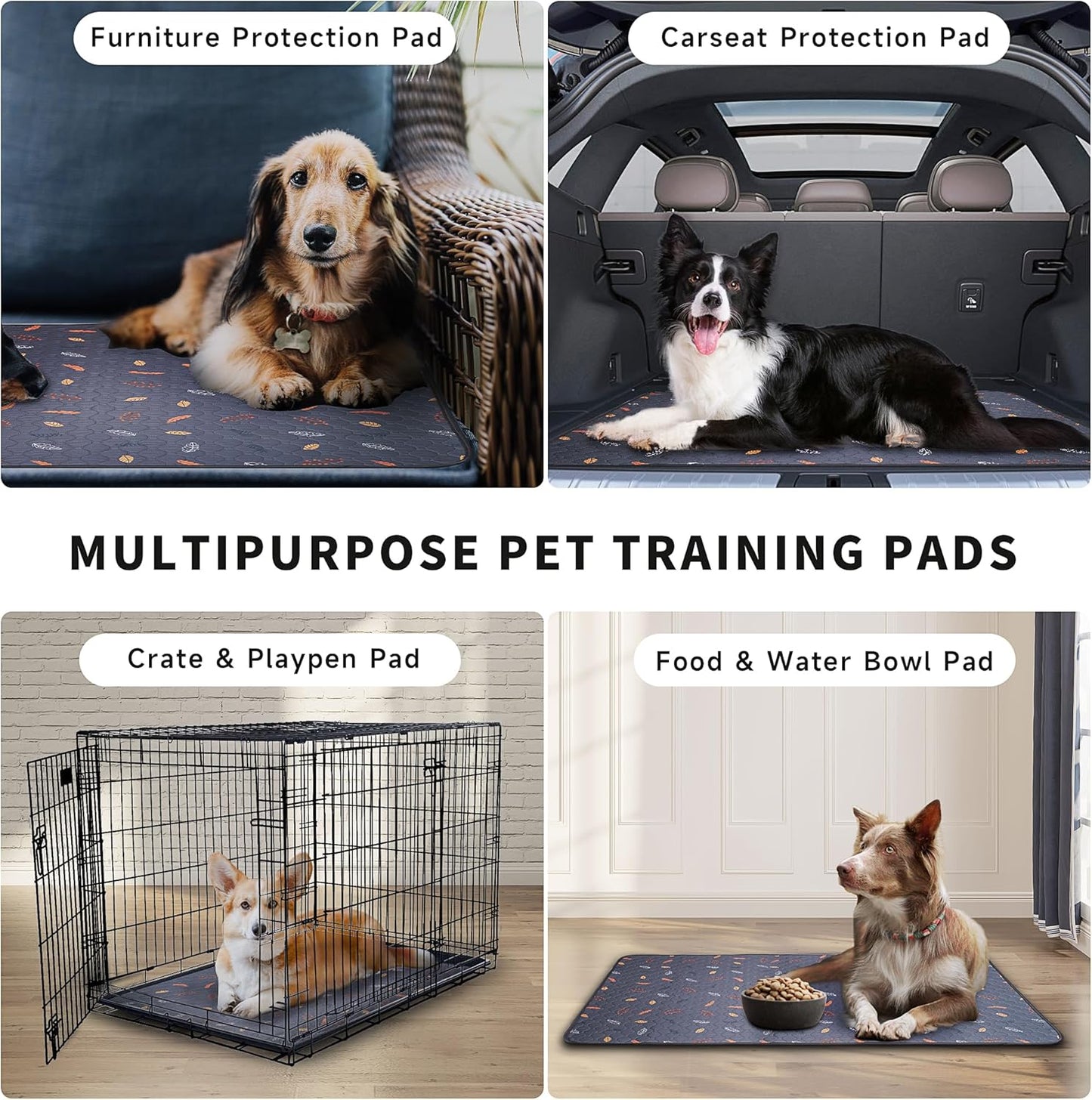 Sunheir Washable Pee Pads for Dogs 4-Pack Reusable Puppy Pads Pet Training Pads, Waterproof Dog Pee Pads for Crate, Whelping Pad, Non-Slip Protects Against Urine Leakage (Leaves - Deep Grey, 18x24)