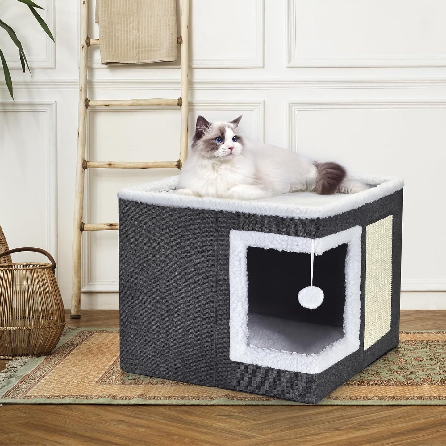 petizer Cat Bed for Indoor Cats, Large Covered Cat House with Scratch Pad, Foldable Cat Cave Bed & Hideaway Cube with Reversible Cushions, Cute Cat Condo for Multi Small Pet Kitten (Blue)
