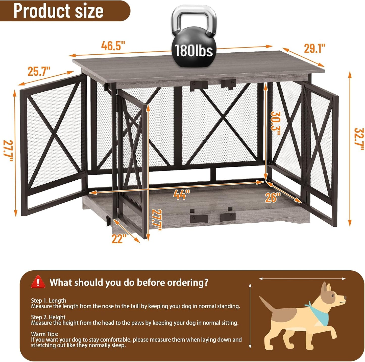 COZPAW Large Dog Crate Furniture - 48 inch Heavy Duty Dog Kennel Indoor for XLarge Breed with Double Doors, Wooden Dog Cage XL Modern Decorative End Table Pet House (Gray)