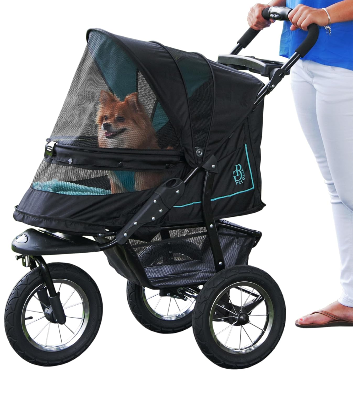Pet Gear No-Zip Push Button Pet Stroller for Cats/Dogs, Zipperless Entry, Easy One-Hand Fold, Gel-Filled Tires, Plush Pad + Weather Cover Included, Aquamarine
