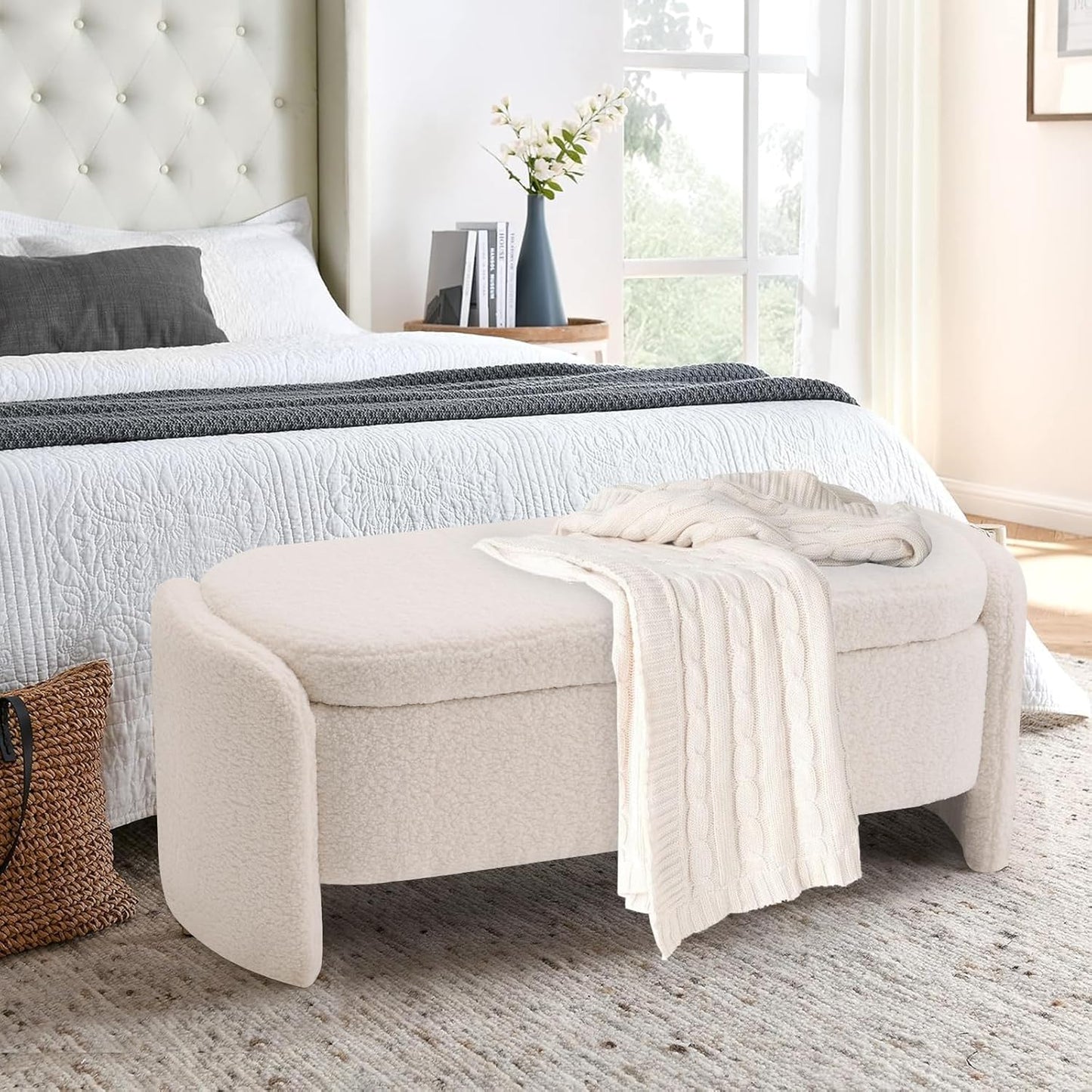 47.6 Inch Lamb Fleece Oval Storage Bench Upholstered Ottoman Bench with Storage, Bedroom Bench with Large Storage Space, for Bedroom Living Room Entryway, Beige
