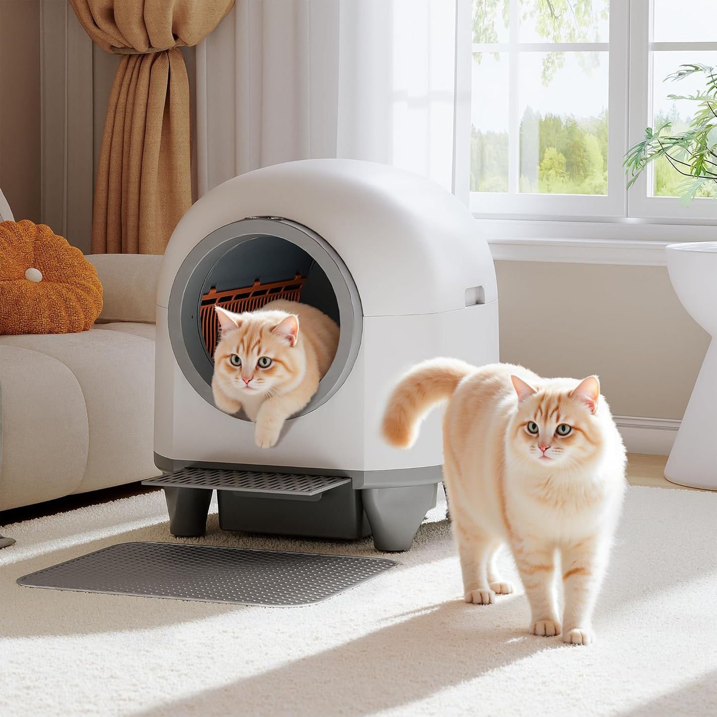 WARCAT Self Cleaning Litter Box Automatic, 90 L Automatic Cat Litter Box for Multiple Cats APP-Controlled with Smart Sensors, Safety Protection,Mat,1 Roll Garbage Bag (Gray)