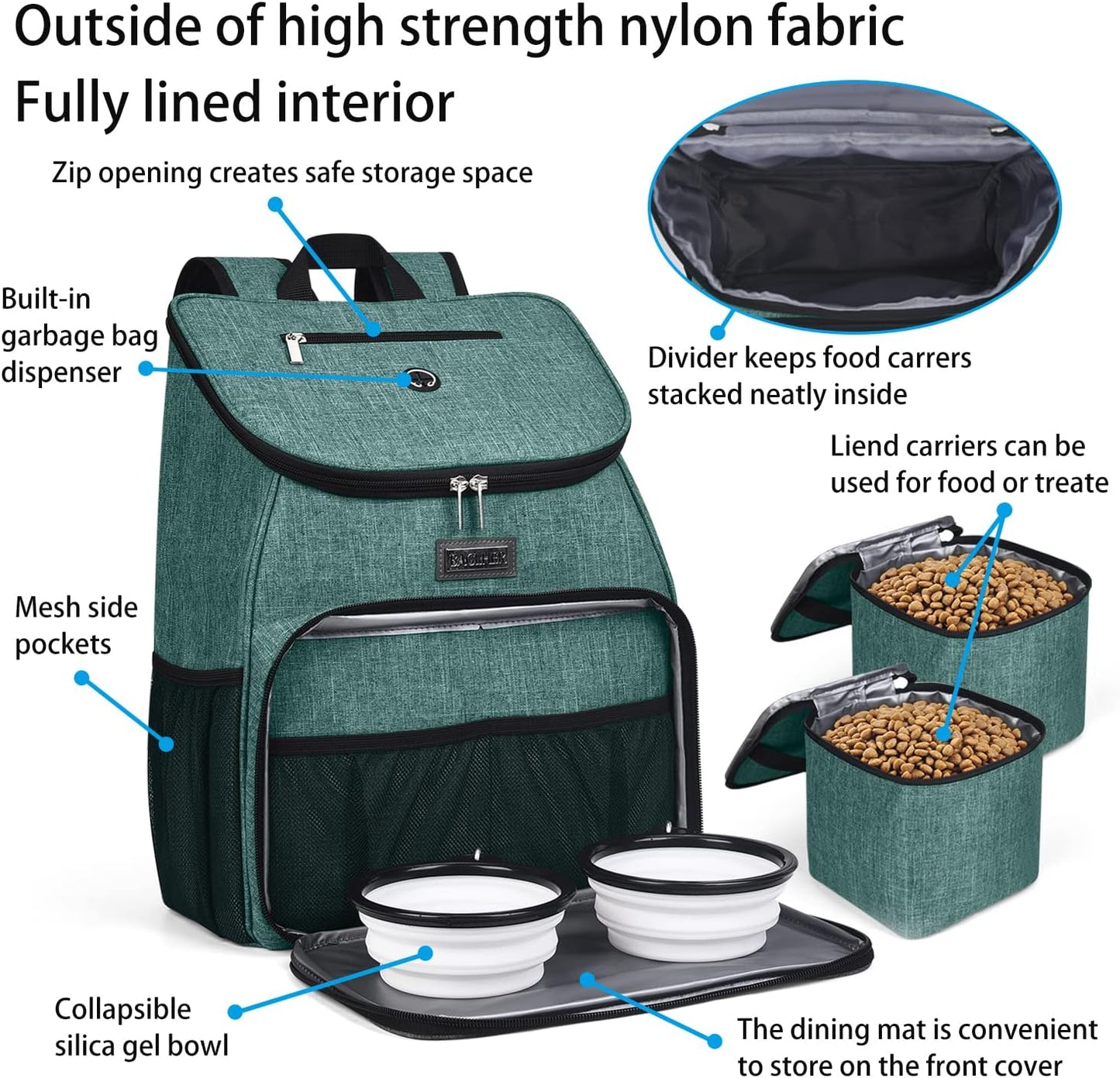 BAGLHER丨Dog Travel Bag, Airline Approved Pet Supplies Backpack, Dog Travel Backpack Accessories Set with 2 Silicone Collapsible Bowls and 2 Food Baskets. Green