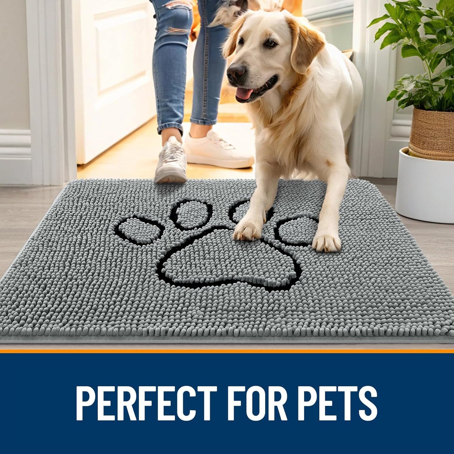 OLANLY Door Mat for Muddy Dog Paws 47x24, Ultra Absorbent Chenille Mud Doormat with Paw Print Design, Non-Slip Washable Doormat for Indoor Entryway, Quick-Dry Pet Bed Mats for Dirty Dogs, Grey