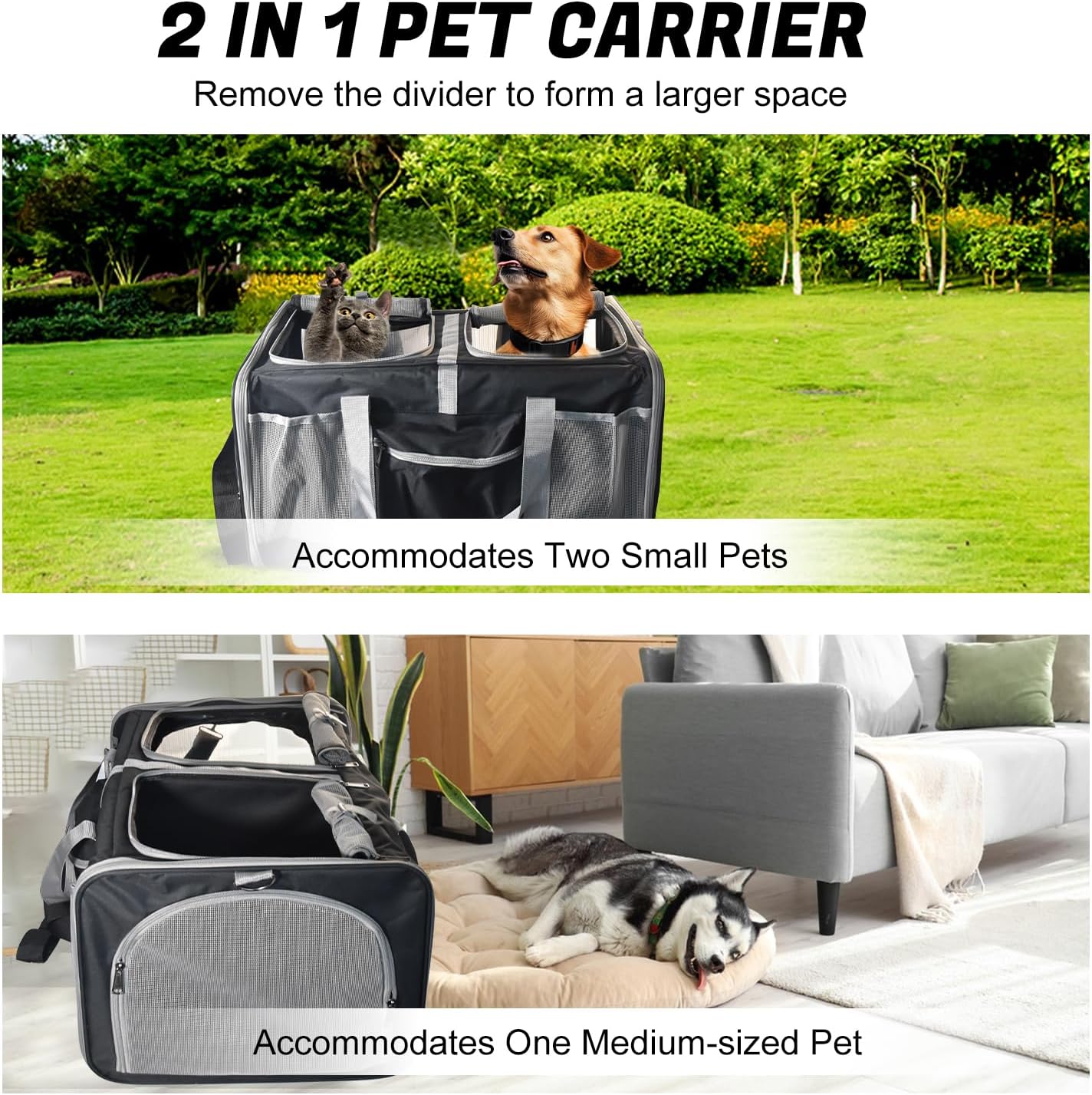 Cat Carrier for 2 Cats, Large Dog Cat Carrier with Wheels for Under 44lbs, Rolling Pet Carrier with Removable Pole Platform and Upgraded Wheels Dog Cat Travel Carrier for Hiking Camping, Black