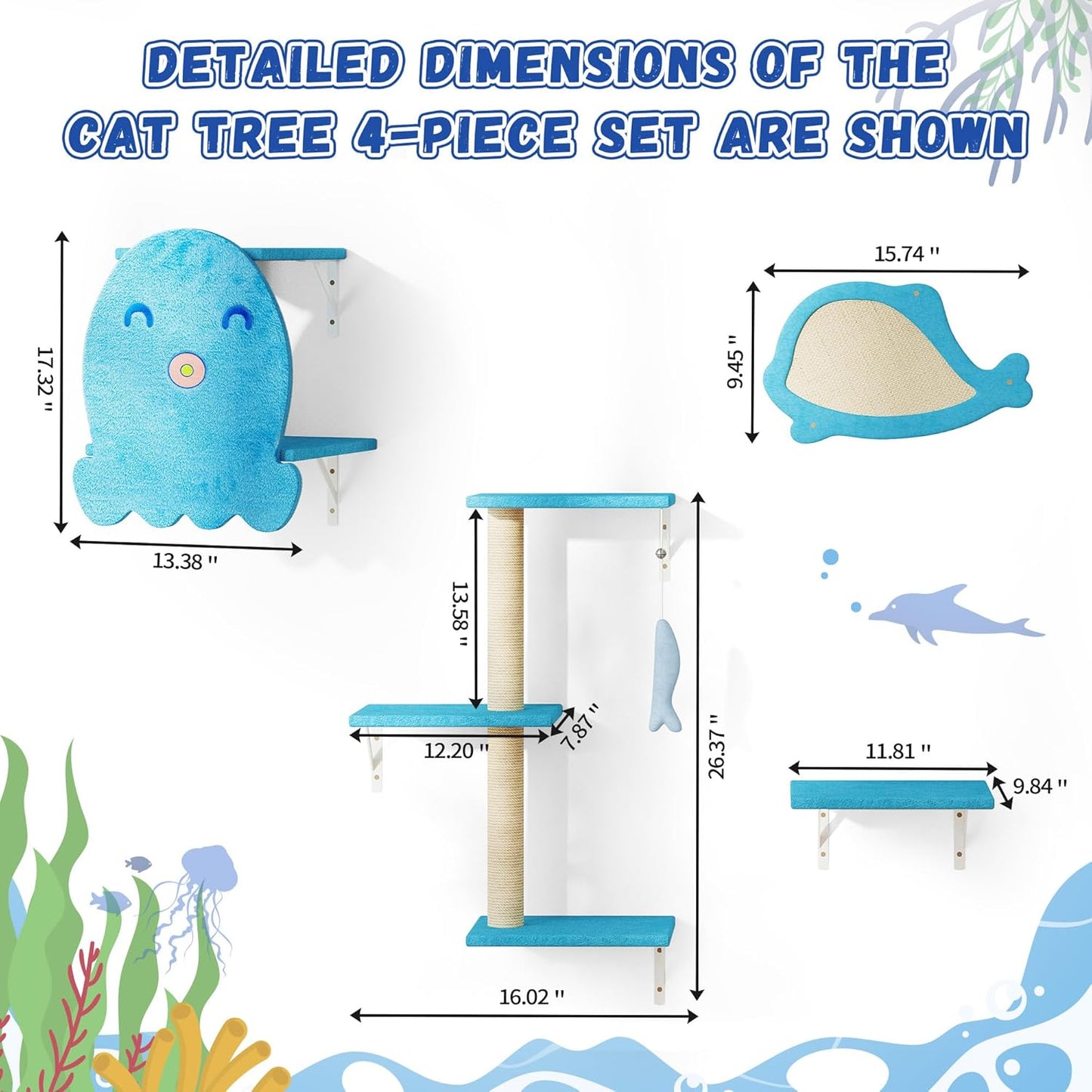 COZIWOW 4-Piece Wall-Mounted Cat Tree Set – Sturdy Wood Pet House, Scratching Board, Platforms, Sisal Posts & Blue Fish Charm – Ocean Blue