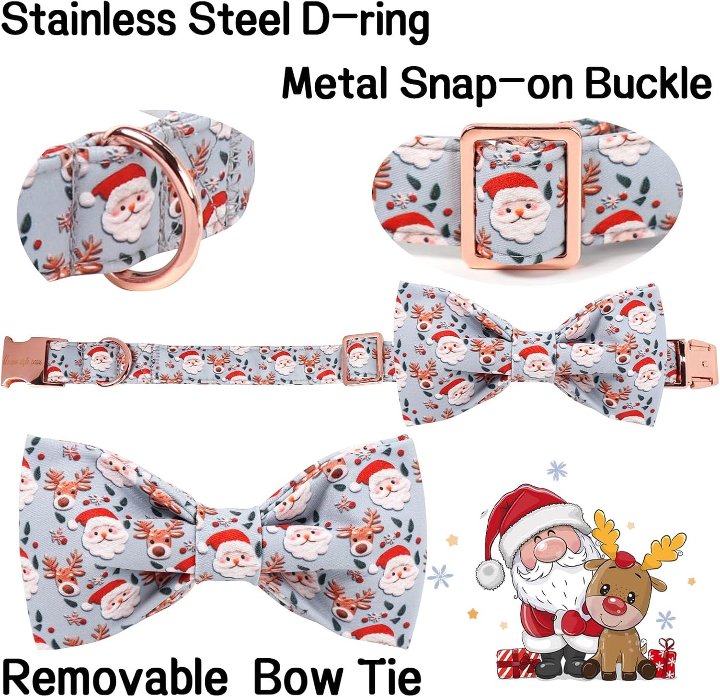 Unique Style Paws Christmas Dog Collar with Bow Elk Christmas Man Cotton Puppy Collars for Small Medium Large Dogs