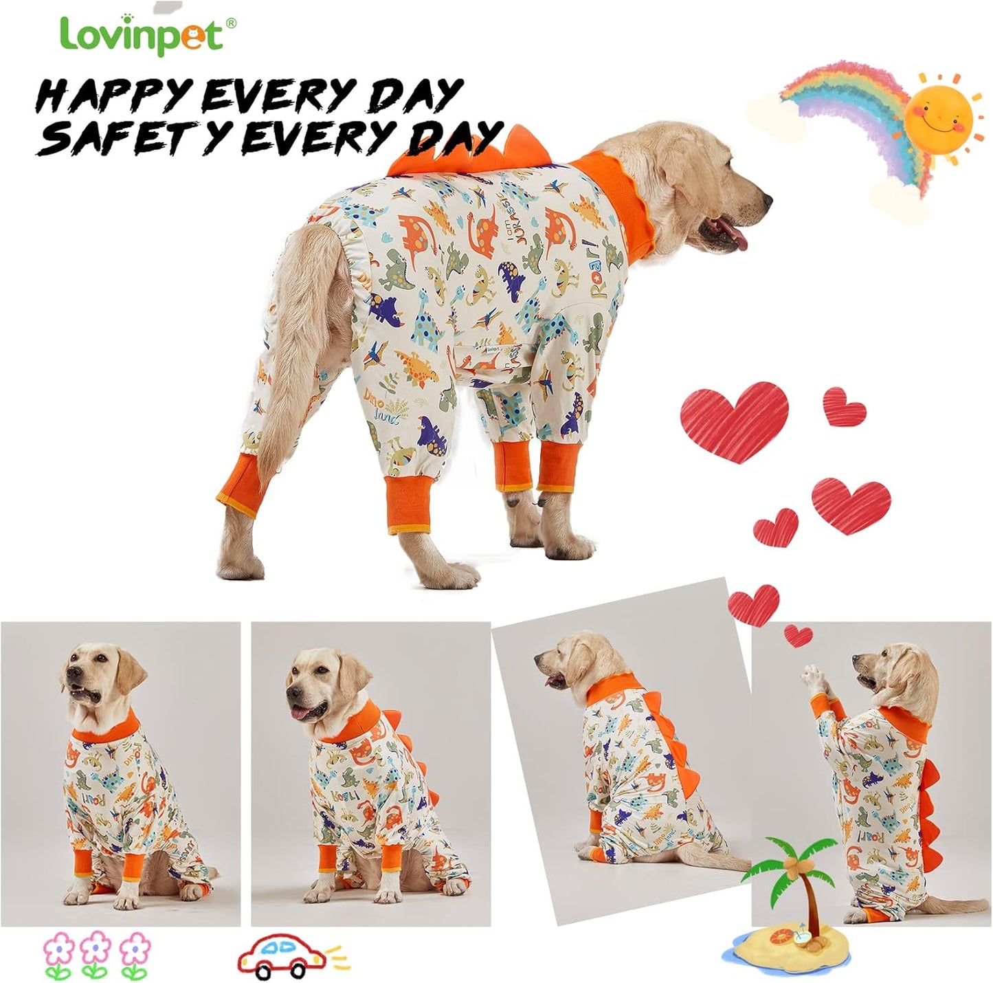 LovinPet Dog Pajamas Large Sized Dog, Anti Licking, Recovery Wear, Lightweight Jurassic Knit, UV for Large Dogs /3XL